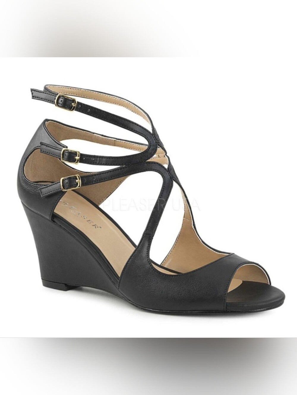 Pleaser Pink Label Kimberly Black Strappy Peep-Toe Wedge Sandals Vegan NWOT 16